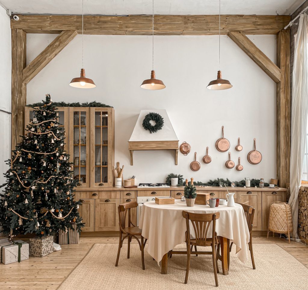 Festive christmas modern kitchen with big tree